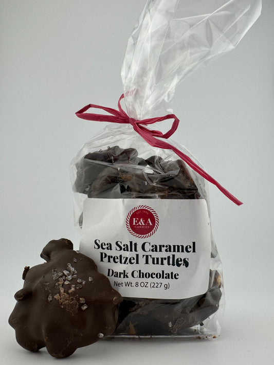 Dark Chocolate Sea Salt Caramel Pretzel Turtles (8 oz)